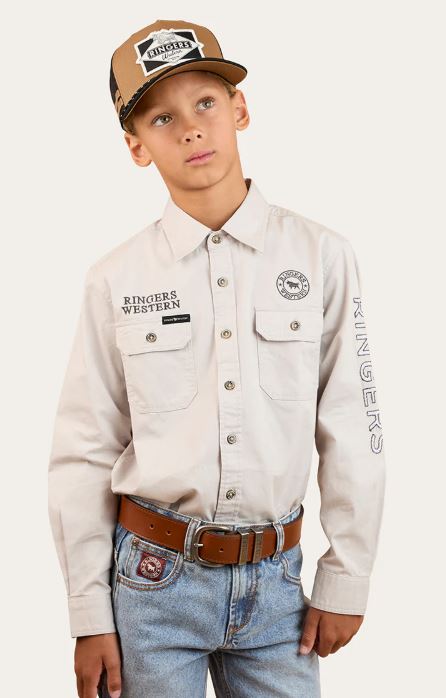 Ringers Western Jackaroo Kids Full Button Embroidered Work Shirt - Beige