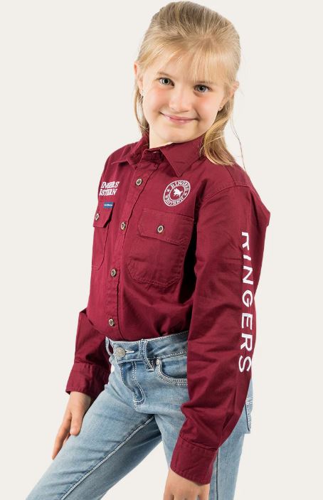 Ringers Western Jackaroo Kids Full Button Work Shirt - Burgundy/White