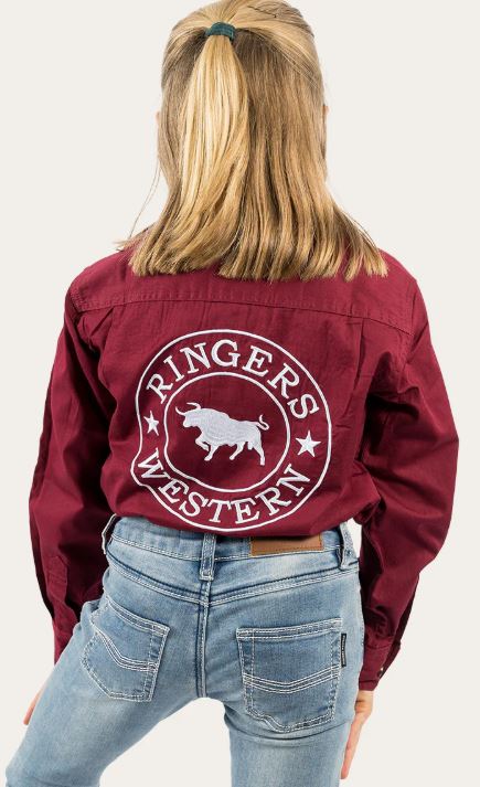 Ringers Western Jackaroo Kids Full Button Work Shirt - Burgundy/White