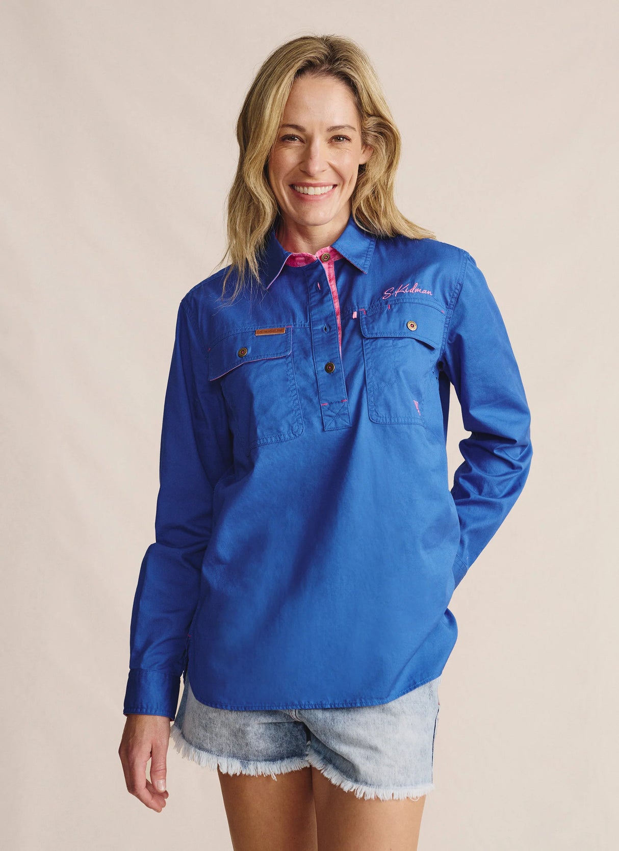 S.Kidman Camfield Half Placket Work Shirt - Mid Blue