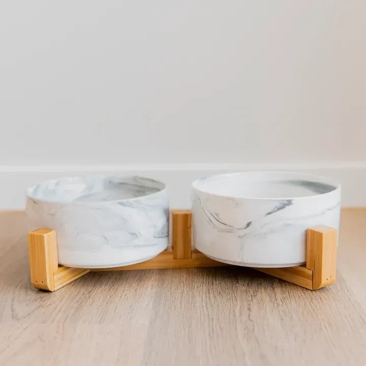 DG Paws Double Ceramic Bowl with Wooden Support