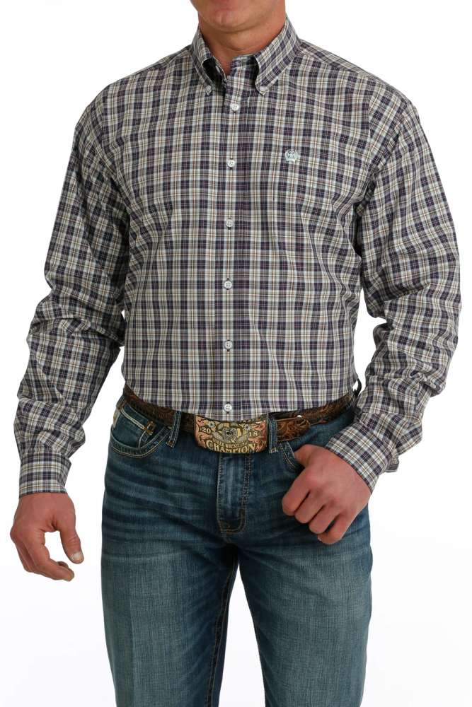 Cinch Mens Purple/Cream Plaid Long Sleeve Shirt