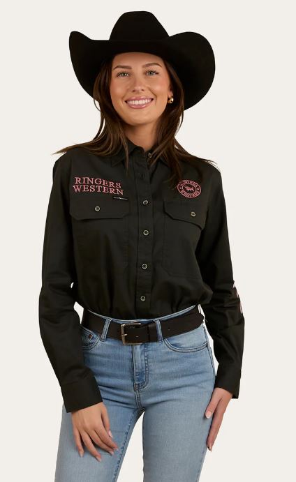 Ringers Western Signature Jillaroo Womens Full Button Work Shirt - Charcoal/Dusty Rose