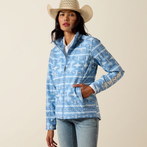 Ariat SS27 Womens Logo Softshell Jacket Ashleigh Blue Southwest Geo Print