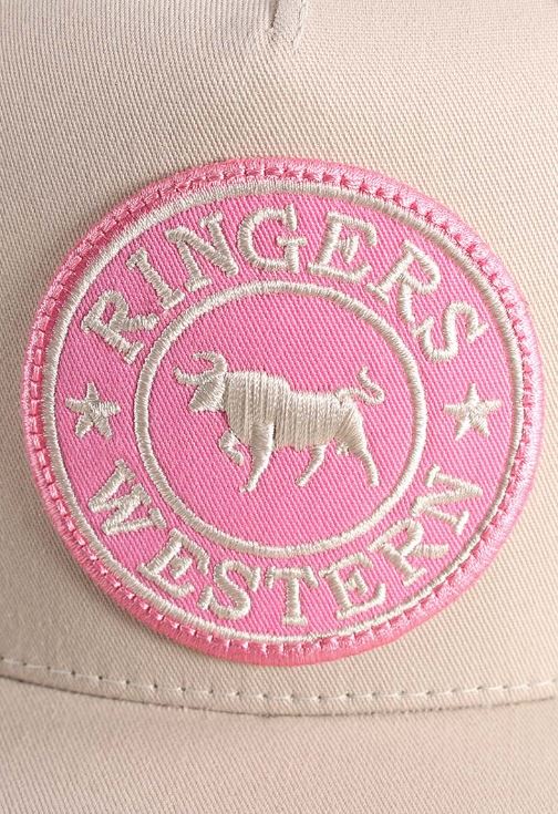 Ringers Western SS25 Signature Bull Trucker Cap Bone with Pink & Bone Patch