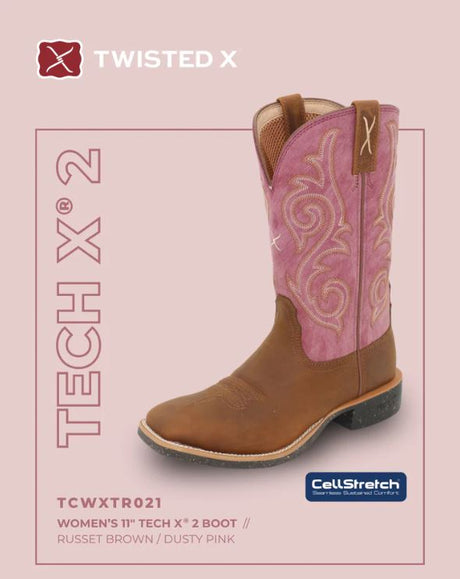 Twisted X Womens 11 Tech X2 Boot Russet Brown/Dusty Pink