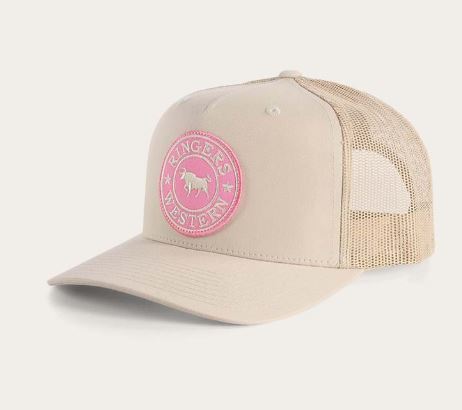 Ringers Western SS25 Signature Bull Trucker Cap Bone with Pink & Bone Patch