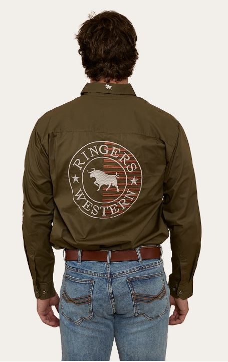 Ringers Western Mens Hawkeye Flag Shirt - Military Green