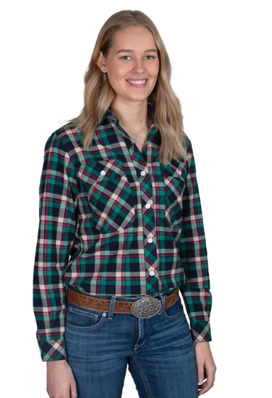 Just Country AW26 Women's Brooke Navy, Green & Tan Full Button Flannel Workshirt