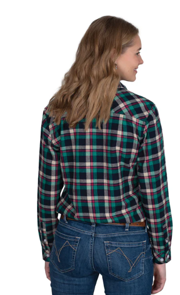 Just Country AW26 Women's Brooke Navy, Green & Tan Full Button Flannel Workshirt