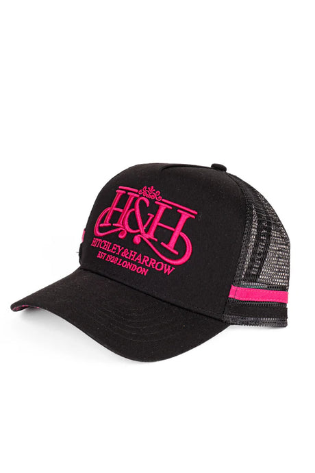Hitchley and Harrow Trucker Cap - Black & Hot Pink Pony Tail