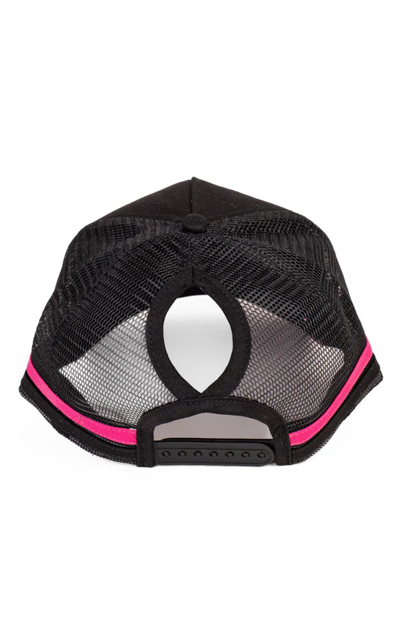 Hitchley and Harrow Trucker Cap - Black & Hot Pink Pony Tail