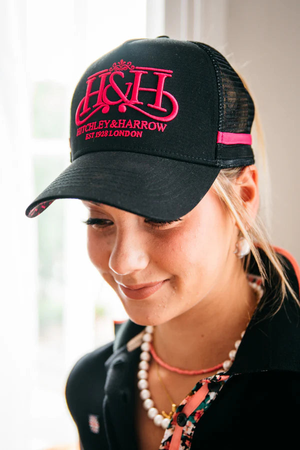 Hitchley and Harrow Trucker Cap - Black & Hot Pink Pony Tail