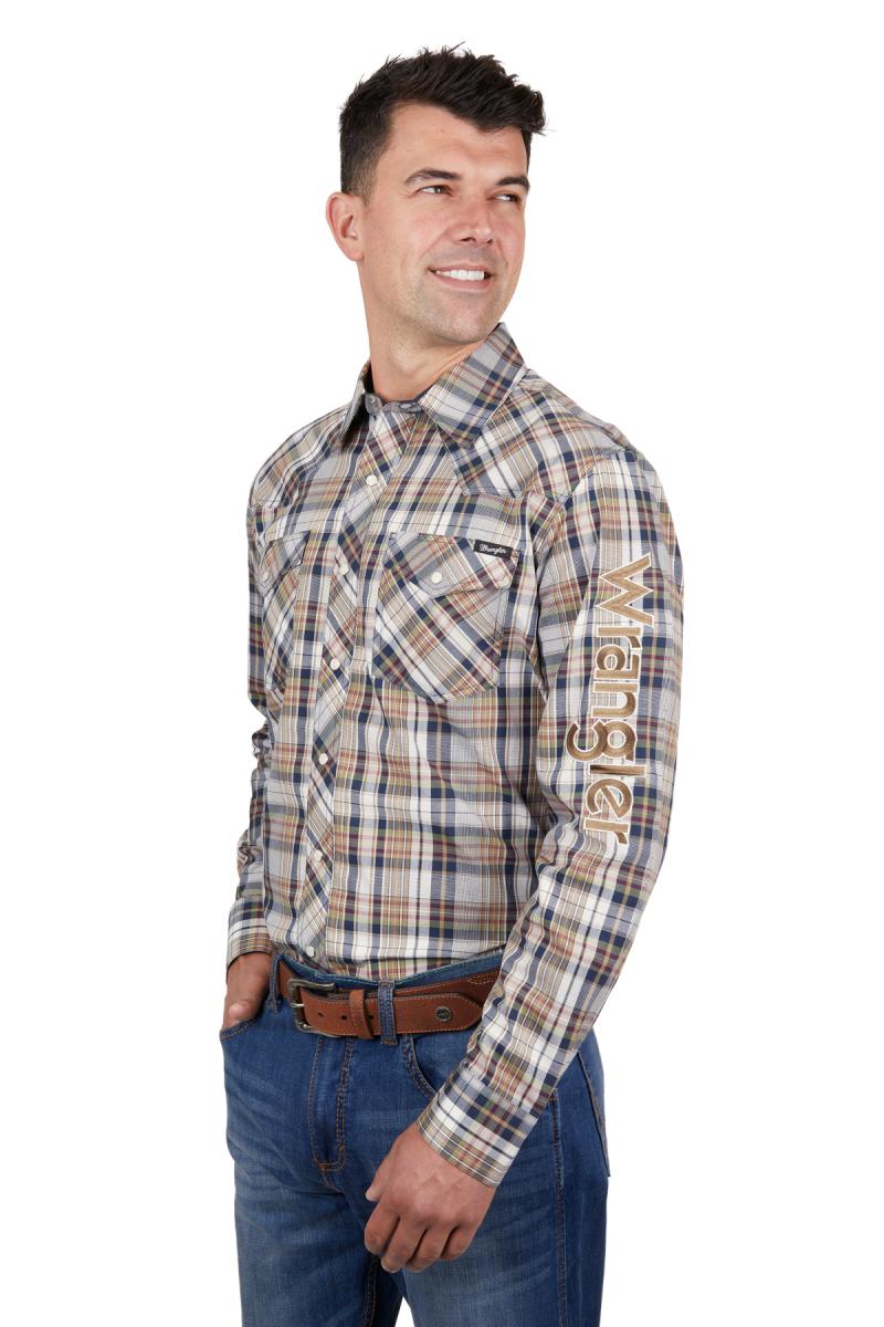 Wrangler Mens Tom Check Logo Western Long Sleeve Shirt