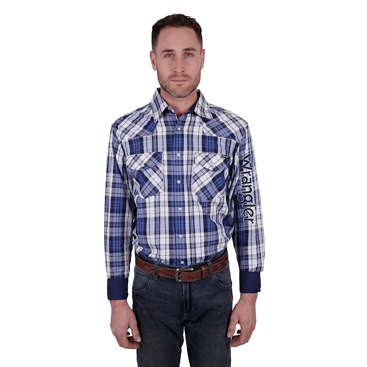 Wrangler Mens Albert Check Logo Western Long Sleeve Shirt Blue/Teal