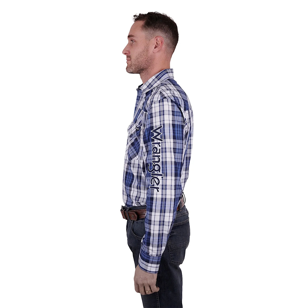 Wrangler Mens Albert Check Logo Western Long Sleeve Shirt Blue/Teal
