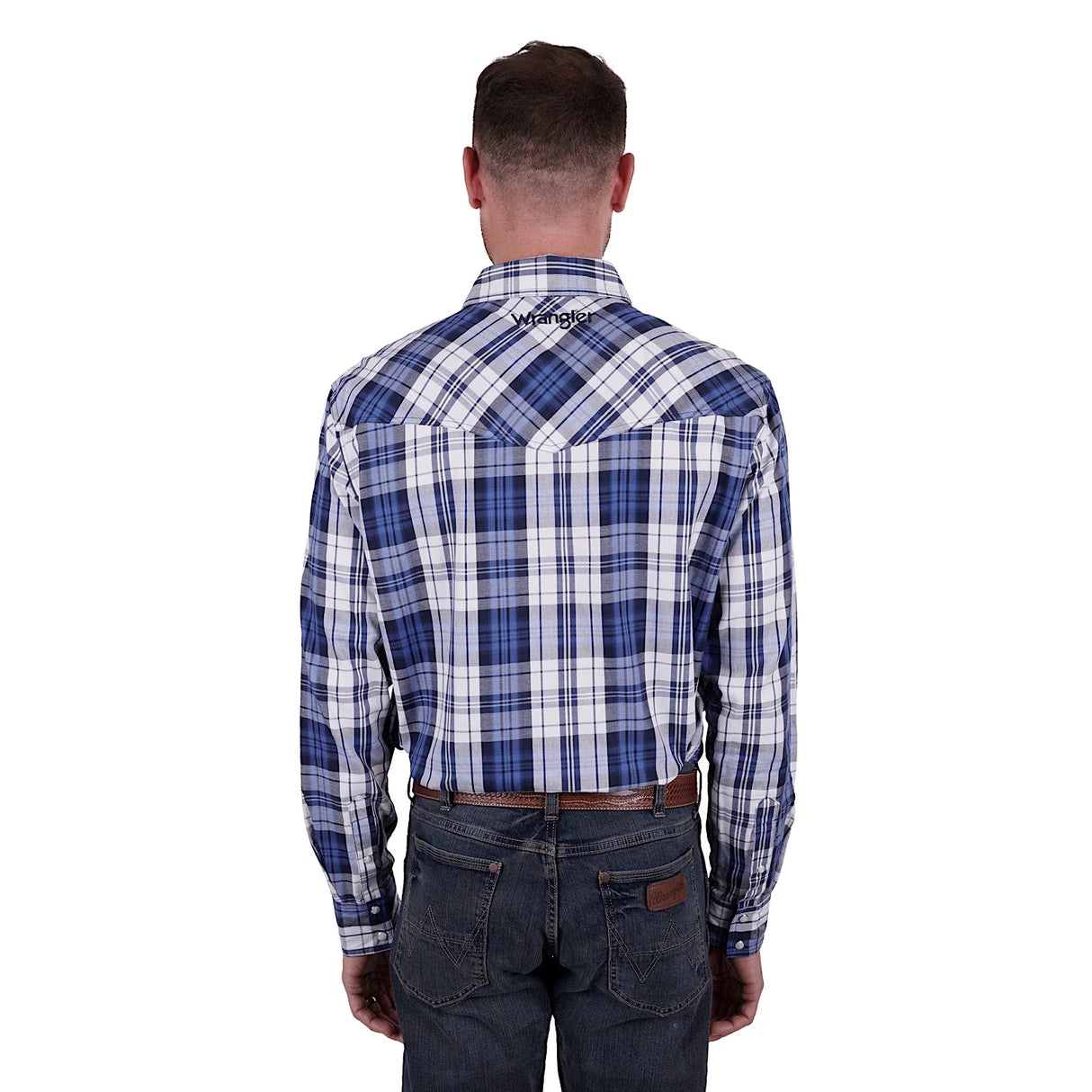 Wrangler Mens Albert Check Logo Western Long Sleeve Shirt Blue/Teal