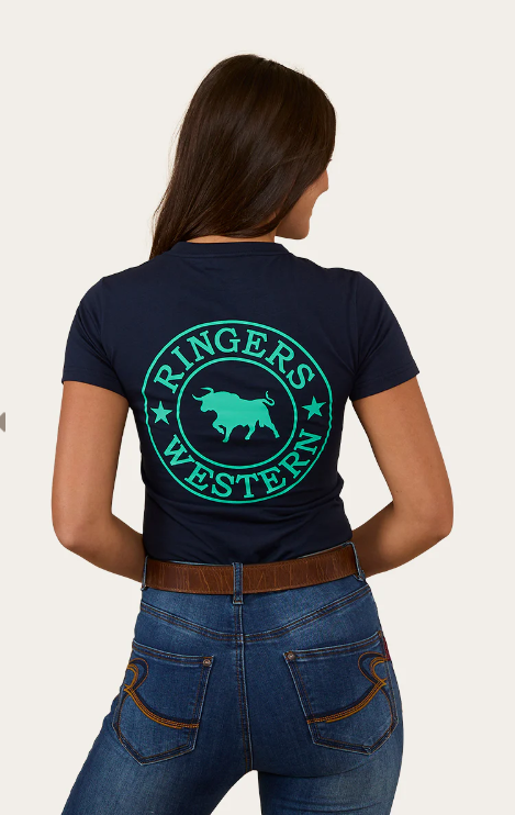 Ringers Western Signature Bull Womens T-Shirt Navy and Mint