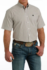 Cinch Mens Short Sleeve Shirt  - White & Khaki Plaid