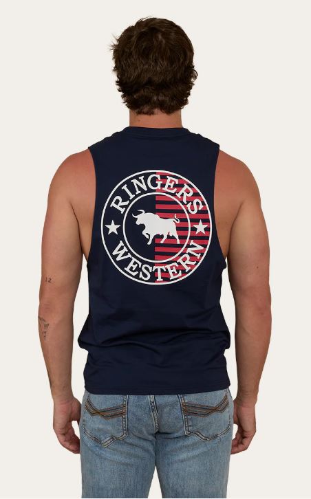 Ringers Western Mens Signature Bull Flag Muscle Tank Navy