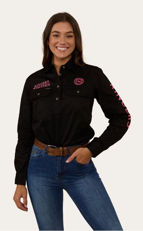 Ringers Western Womens Jillaroo Half Button Work shirt Black Melon