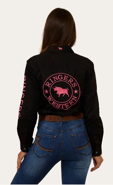 Ringers Western Womens Jillaroo Half Button Work shirt Black Melon