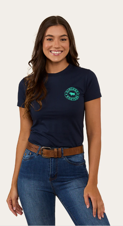 Ringers Western Signature Bull Womens T-Shirt Navy and Mint