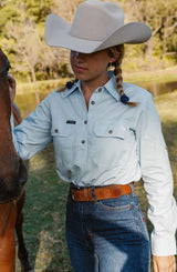 Ringers Western Womens Pentecost Half Button Work Shirt Pastel Blue