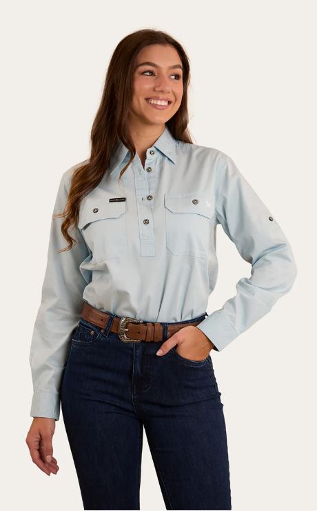 Ringers Western Womens Pentecost Half Button Work Shirt Pastel Blue