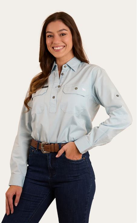 Ringers Western Womens Pentecost Half Button Work Shirt Pastel Blue