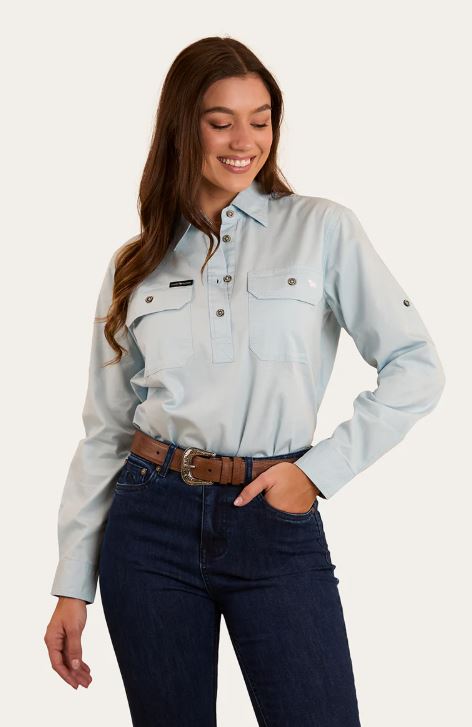 Ringers Western Womens Pentecost Half Button Work Shirt Pastel Blue