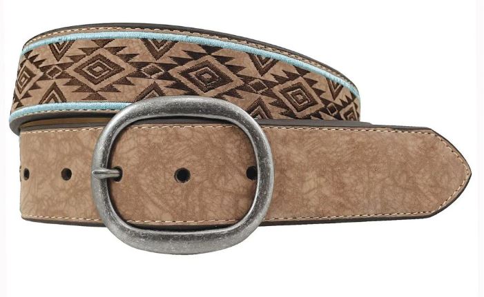 Roper Womens Belt 1.1/2" Synthetic Leather With Aztec Embroidery Tan