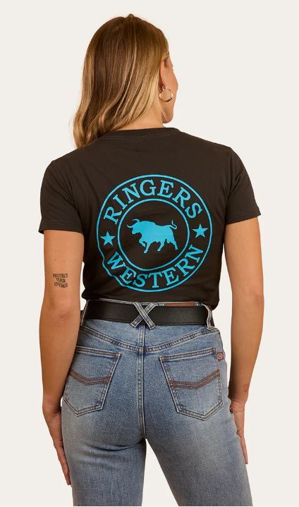 Ringers Western Womens Signature Bull Classic Fit T-Shirt Charcoal/Aqua